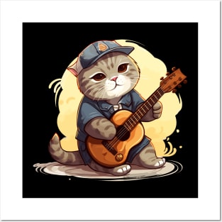 Scottish Fold Cat Playing Guitar Posters and Art